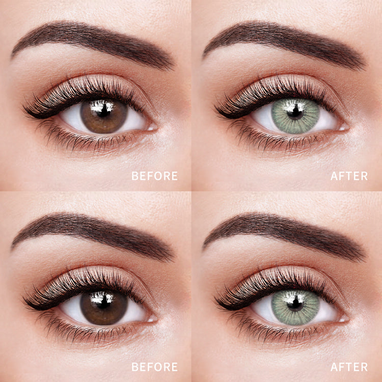 The before and after comparison of wearing 【Prescription】Wildness Wolf Green Contact Lenses.